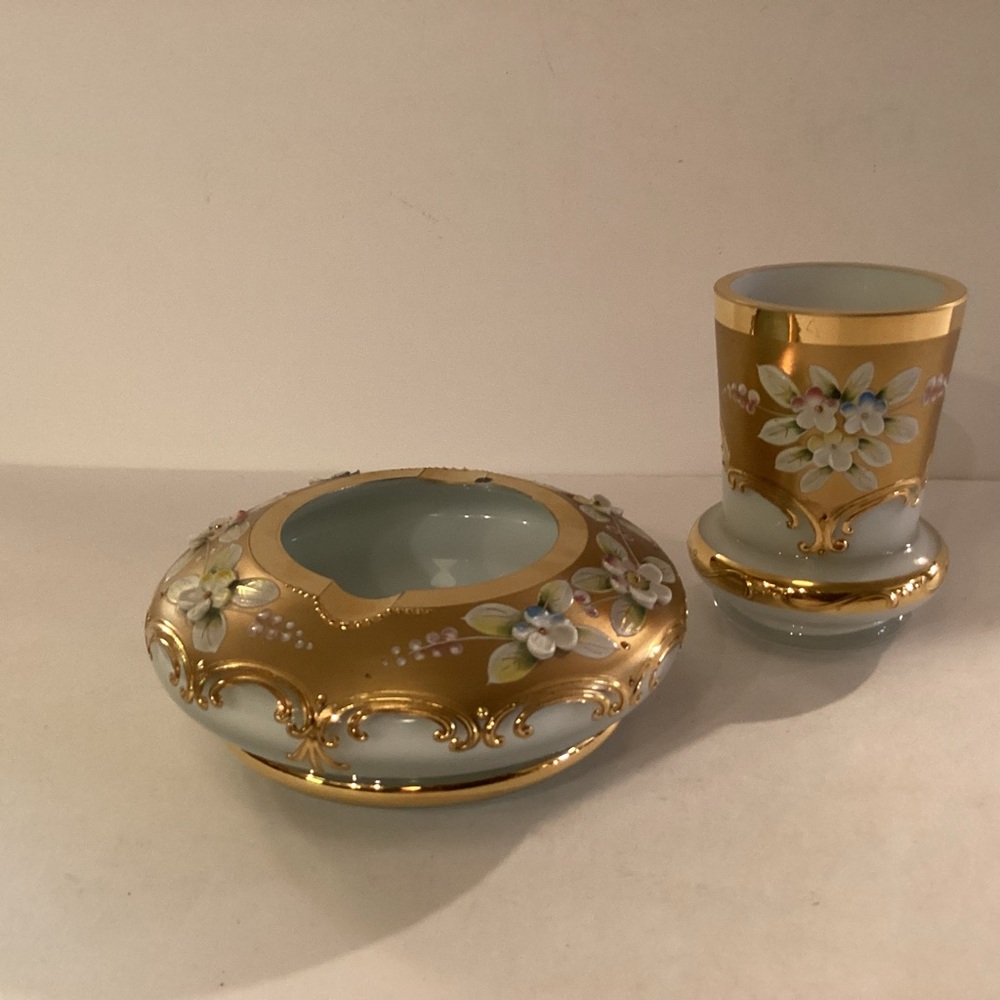 Elegant Bohemian Glass ashtray and cigarette holder